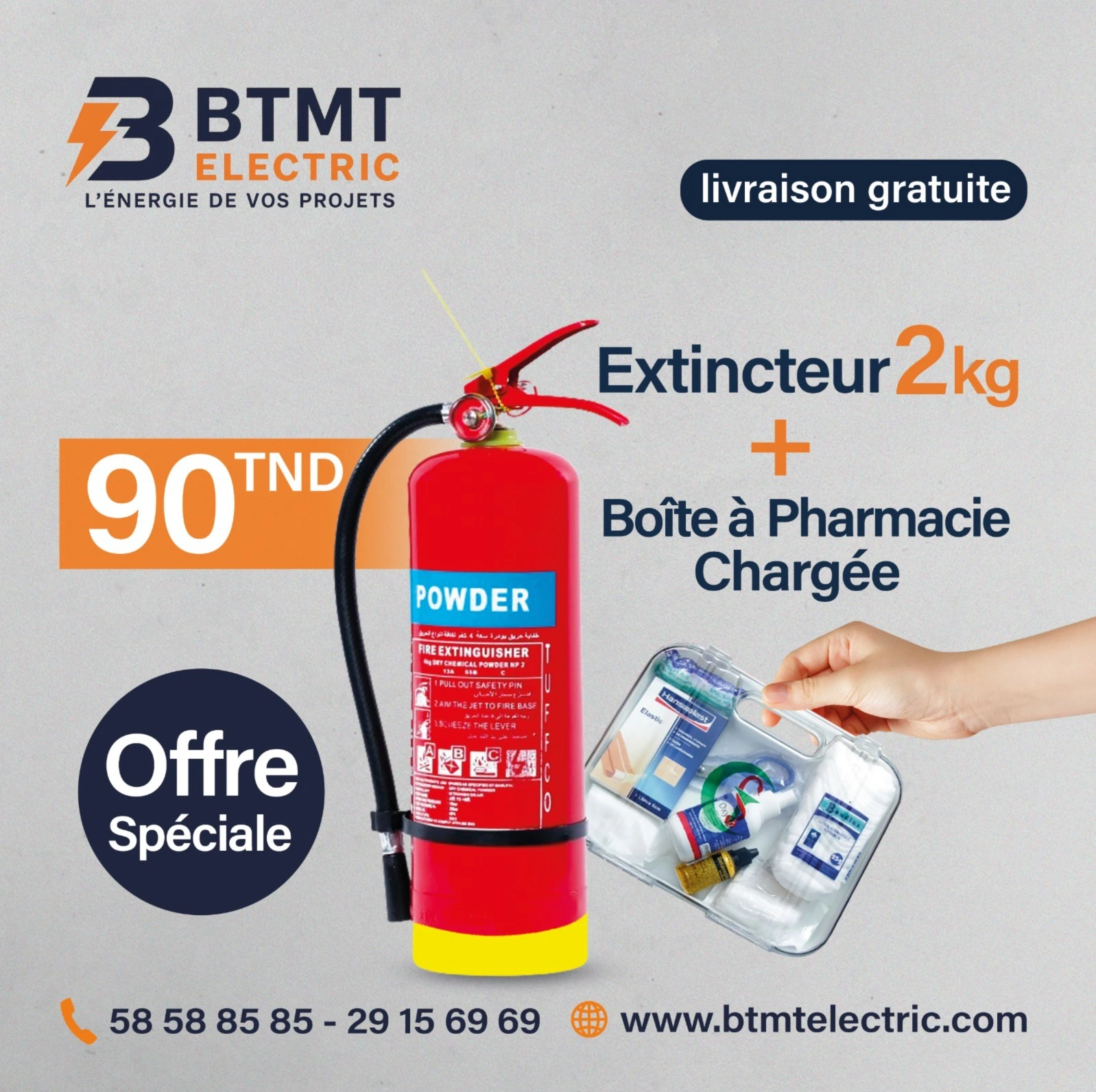 kit extincteur 2kg boîte pharmacie sécurité incendie Tunisie BTMT Electric